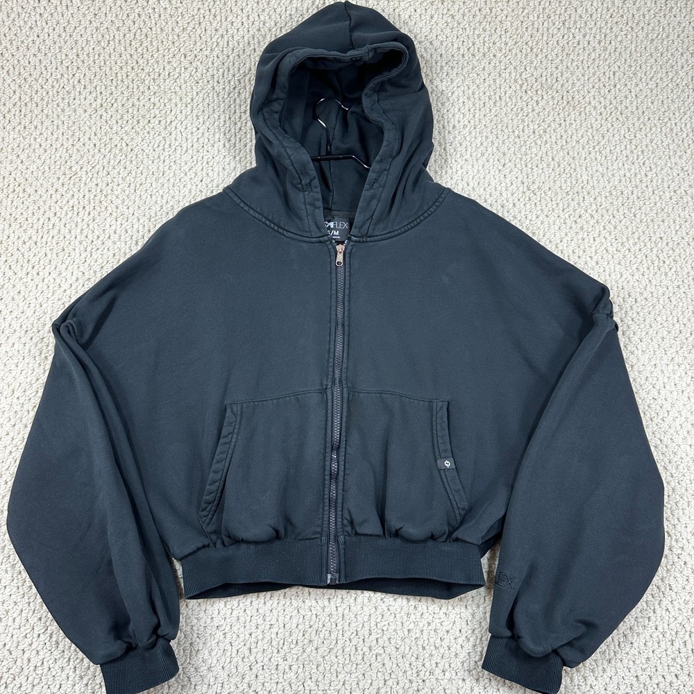 POPFLEX Hoodie Womens S/M Black Full Zip Up Cloud Oversized Sweatshirt Cropped